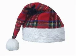 Tartan Christmas Santa Hat Faux Fur Trim Wee Willy Winky Victorian Night Cap Novelty Hat [One Size]