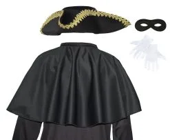 Adults Black Mantle Cape Tricorn Hat & Gloves Highwayman Fancy Dress Set
