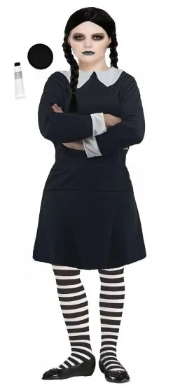 Adults Gothic Family Girl Dress, Socks & Facepaint Halloween Movie Fancy Dress Costume