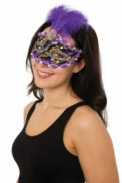 Purple Black & Gold Eye Mask With Tall Feather & Stone Masquerade Fancy Dress