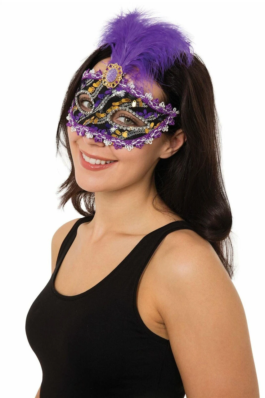 Purple Black & Gold Eye Mask With Tall Feather & Stone Masquerade Fancy Dress 1 Purple Black & Gold Eye Mask With Tall Feather & Stone Masquerade Fancy Dress