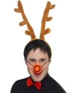 Reindeer Set Stag Horns Antlers Flashing Nose Bow Tie