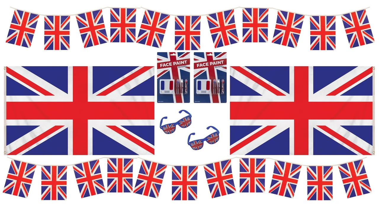 King Charles III Coronation 2x 5ftx3ft Union Jack Flag 2x 4 Metre (11 Flags) Bunting 2x GB Sunglasses 2x UK Face Paint United Kingdom Themed Coronation 8 Piece Garden Party Pack 1 King Charles III Coronation 2x 5ftx3ft Union Jack Flag 2x 4 Metre (11 Flags) Bunting 2x GB Sunglasses 2x UK Face Paint United Kingdom Themed Coronation 8 Piece Garden Party Pack