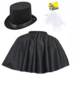 Adults Black Mantle Cape Top Hat & Gloves Gentleman Fancy Dress Set