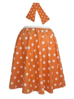 Ladies 22" Orange & White Polka Dot Rock & Roll Skirt & Necktie Fancy Dress