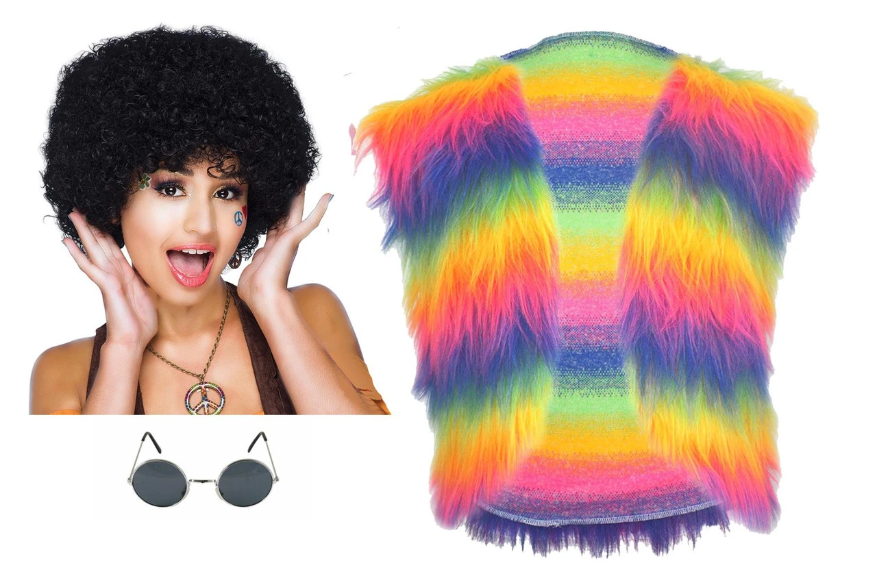Ladies 70s Disco Diva 1970s Glam Rock Fur Waistcoat Shades & Afro Kit 4 Ladies 70s Disco Diva 1970s Glam Rock Fur Waistcoat Shades & Afro Kit - Image 4