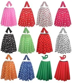Adults 22" Polka Dot Spot Rockerbilly Rock N Roll Skirt & Neck Scarf 1950s Fancy Dress
