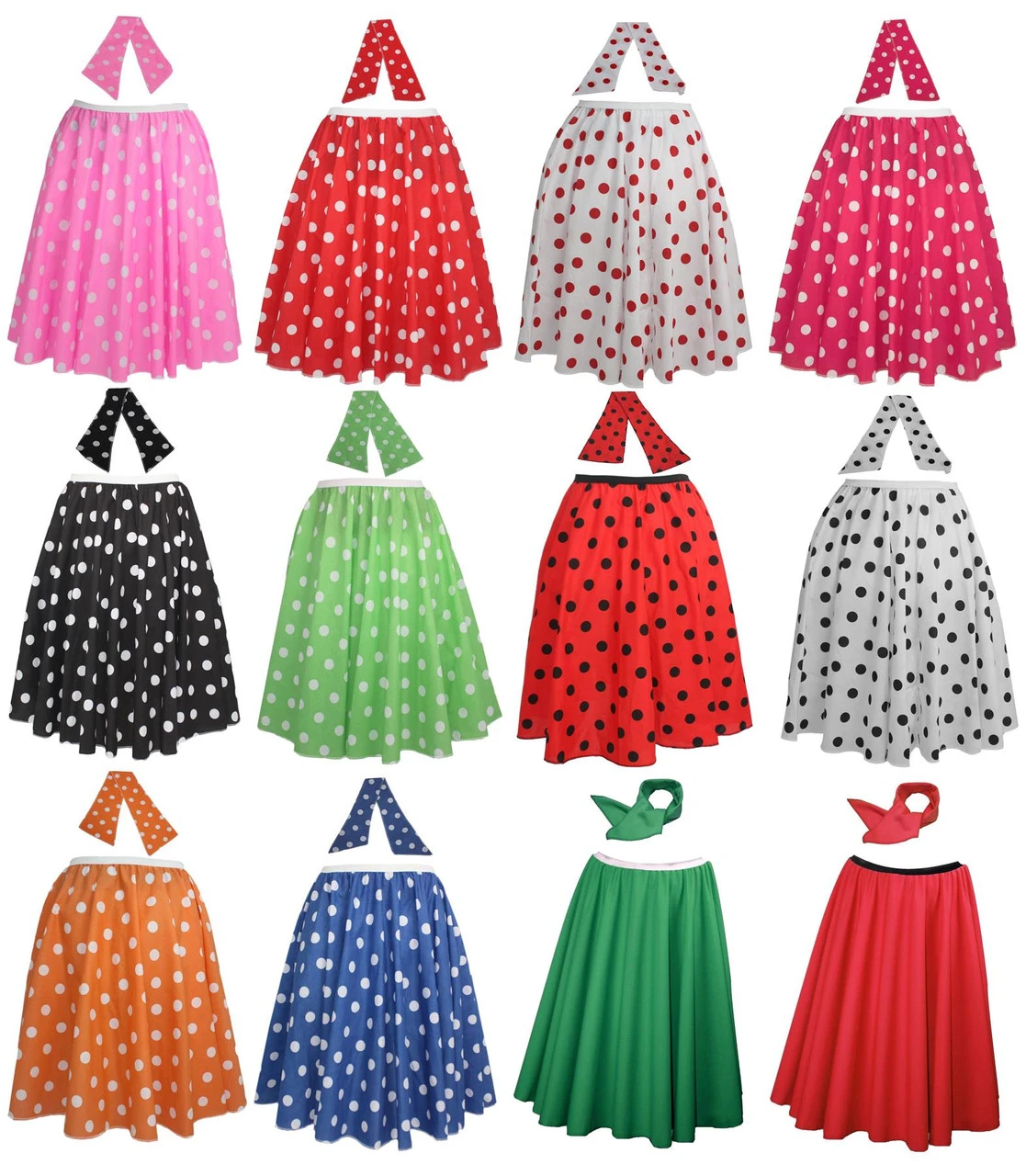 Adults 22" Polka Dot Spot Rockerbilly Rock N Roll Skirt & Neck Scarf 1950s Fancy Dress 1 Adults 22" Polka Dot Spot Rockerbilly Rock N Roll Skirt & Neck Scarf 1950s Fancy Dress