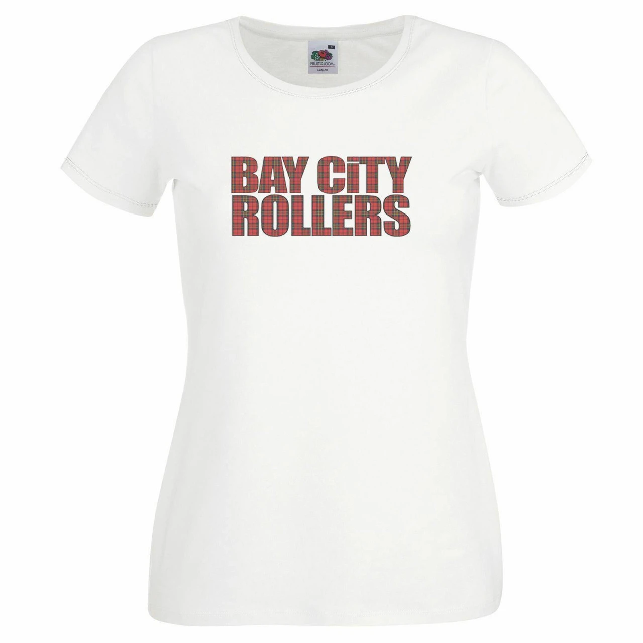 Ladies White 1970s Bay City Rollers Tartan Scottish Pop Rock Band T-Shirt 1 Ladies White 1970s Bay City Rollers Tartan Scottish Pop Rock Band T-Shirt