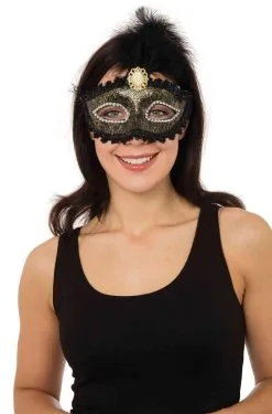 Ladies Bronze Gilted Eye Mask With Tall Feather & Stone Fancy Dress