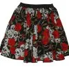 Ladies Halloween 15" Day Of The Dead Skulls & Roses Fancy Dress Skater Skirt