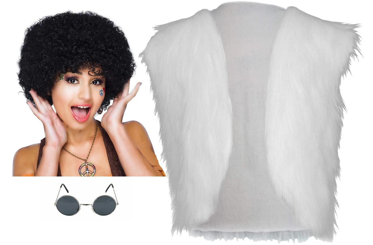 Ladies 70s Disco Diva 1970s Glam Rock Fur Waistcoat Shades & Afro Kit 2 Ladies 70s Disco Diva 1970s Glam Rock Fur Waistcoat Shades & Afro Kit - Image 2