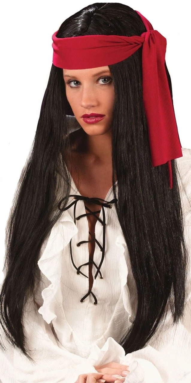 Long Black Pirate Caribbean Fancy Dress Ladies Costume Wig 1 Long Black Pirate Caribbean Fancy Dress Ladies Costume Wig