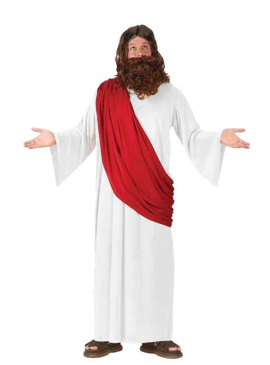 Adults Jesus Fancy Dress Costume Red & White Nativity Dress Up Robes Wig & Beard 1 Adults Jesus Fancy Dress Costume Red & White Nativity Dress Up Robes Wig & Beard