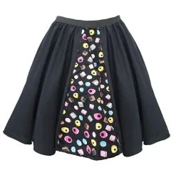 Ladies Assorted Liquorice Sweets Mad Hatter 15" Panelled Skater Skirt Fancy Dress [2 Sizes]