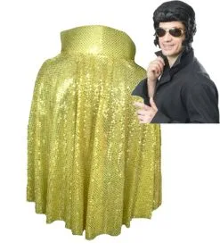 The King Of Rock N Roll Gold Sequin Cape Wig & Glasses Fancy Dress Set UK