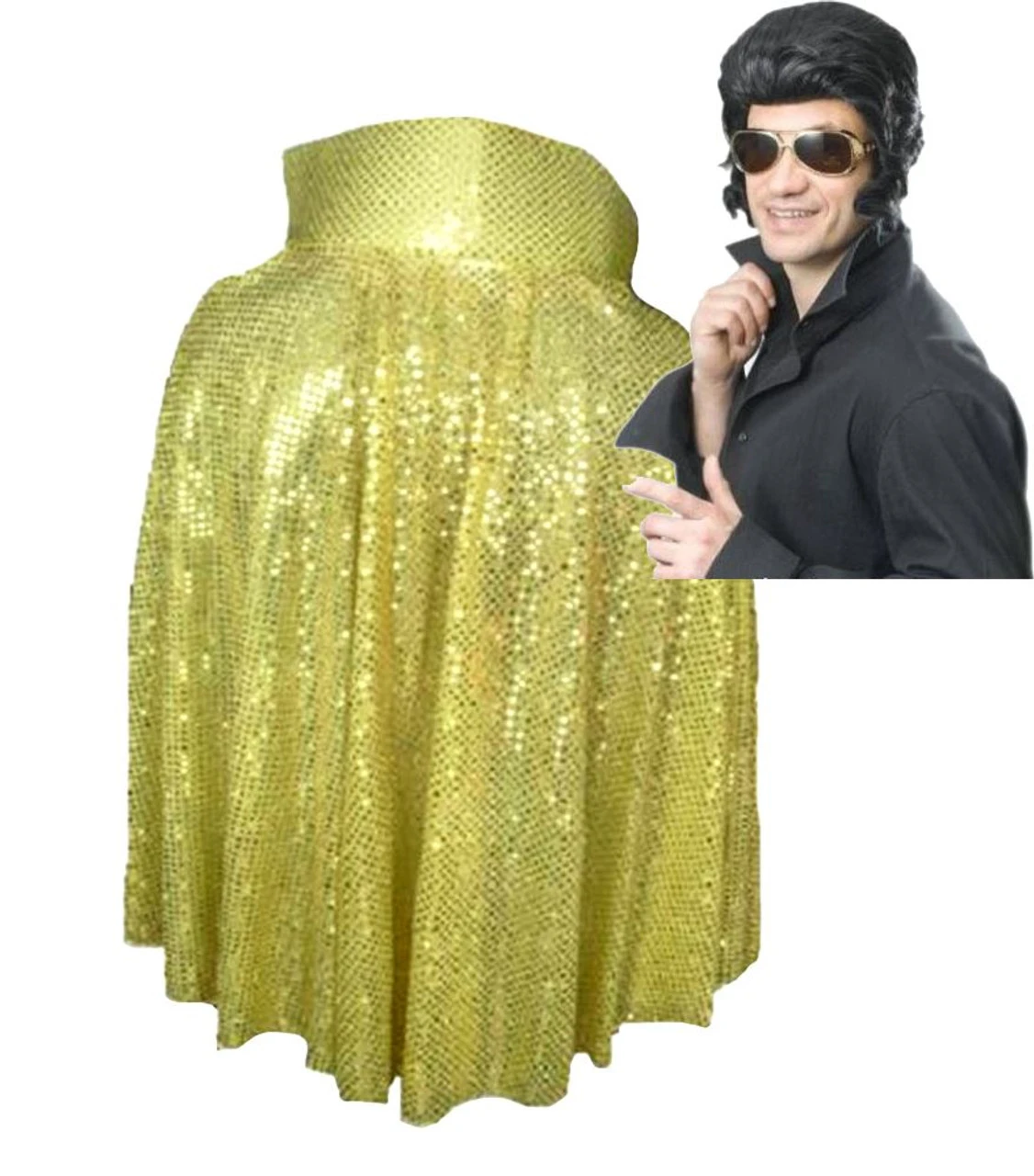 The King Of Rock N Roll Gold Sequin Cape Wig & Glasses Fancy Dress Set UK 1 The King Of Rock N Roll Gold Sequin Cape Wig & Glasses Fancy Dress Set UK