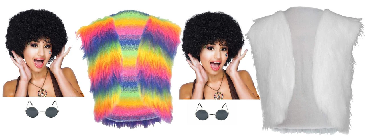 Ladies 70s Disco Diva 1970s Glam Rock Fur Waistcoat Shades & Afro Kit 1 Ladies 70s Disco Diva 1970s Glam Rock Fur Waistcoat Shades & Afro Kit