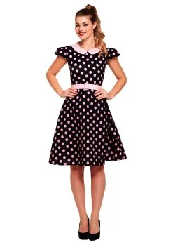 Ladies 1950's Black & Pink Spot Polka Dot Retro Fancy Dress Costume