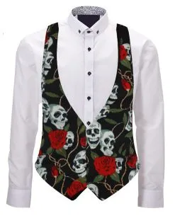 Childs Black Skull & Roses Unisex Backless Waistcoat Age 6-12 Years Fancy Dress