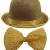 Unisex Showman Ring Master Gold Bowler Hat & Gold Sequin Bow Tie [One Size]