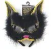 Ladies Cat Masquerade Jewelled Face Mask Ballroom Fancy Dress Accessory [Black Gold Fluffy]