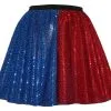 Ladies 15" Sequin Harley Quinn Harlequin Super Villain Fancy Dress Skater Skirt