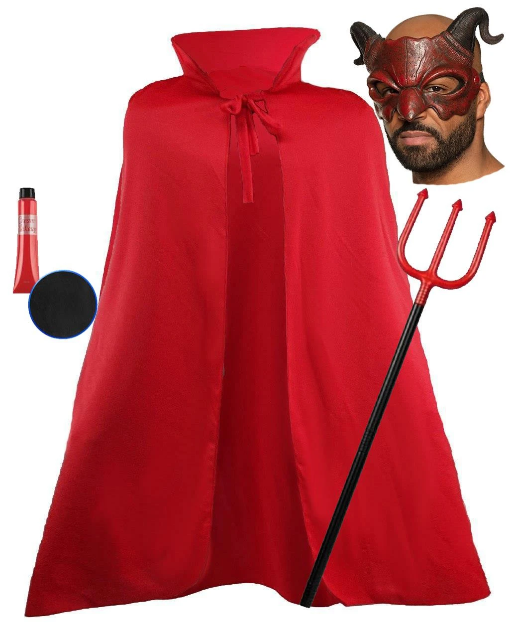 Halloween Devil Demon Satan Lucifer Half Face Mask 60" Cape Trident & Face Paint Fancy Dress 1 Halloween Devil Demon Satan Lucifer Half Face Mask 60" Cape Trident & Face Paint Fancy Dress