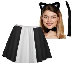 Womens 15" Black & White Feline Fancy Dress Sylvester Cosplay Cat Set