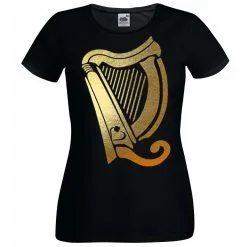 Ladies Irish Harp Celtic St Patricks Day With Clover Love Heart Ireland Black T-Shirt