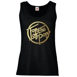 Ladies Black 1970s 80s 90s Top Of The Pops Gold Vinyl Music Vest Top